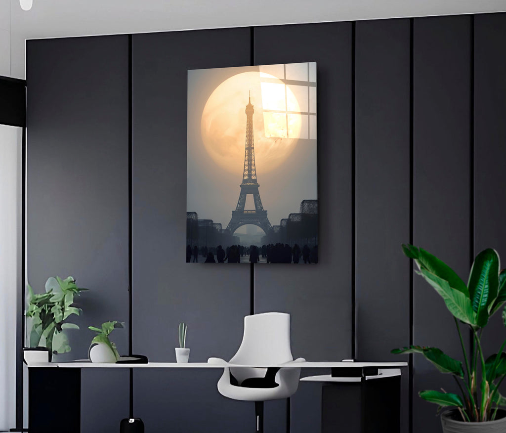 Eiffel Tower Full Moon Glass Wall Art on the wall