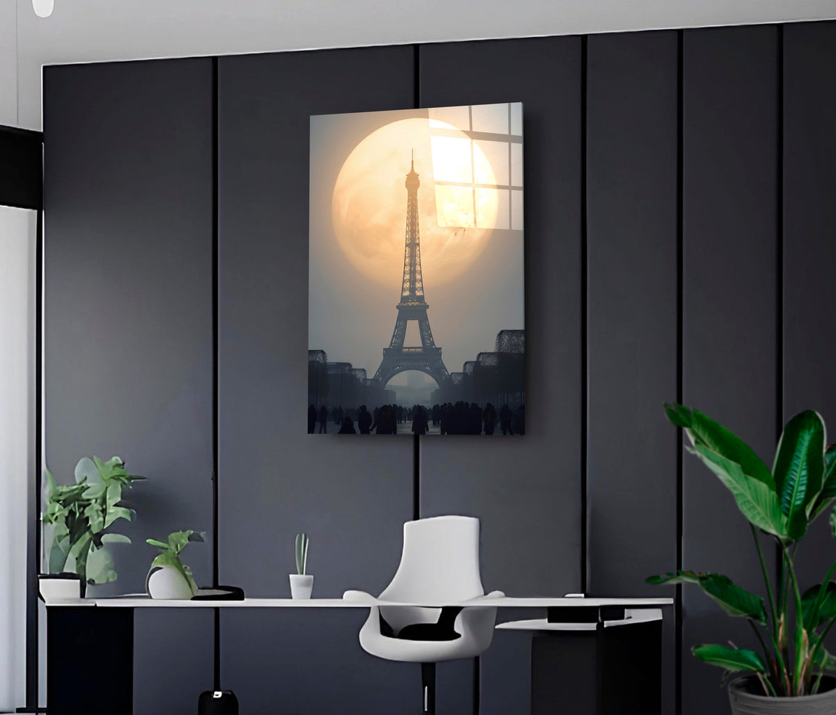 Eiffel Tower Full Moon Glass Wall Art on the wall