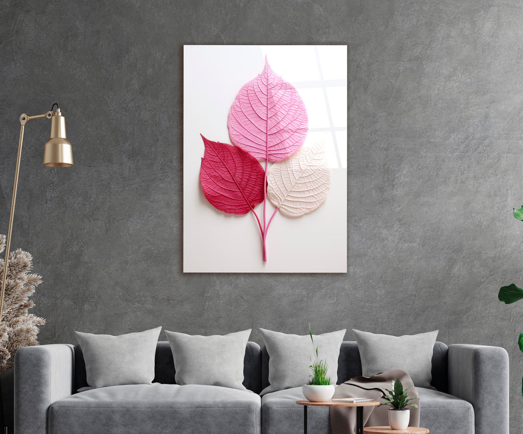 Pink Leaves Botanical Glass Wall Art in a living room interior