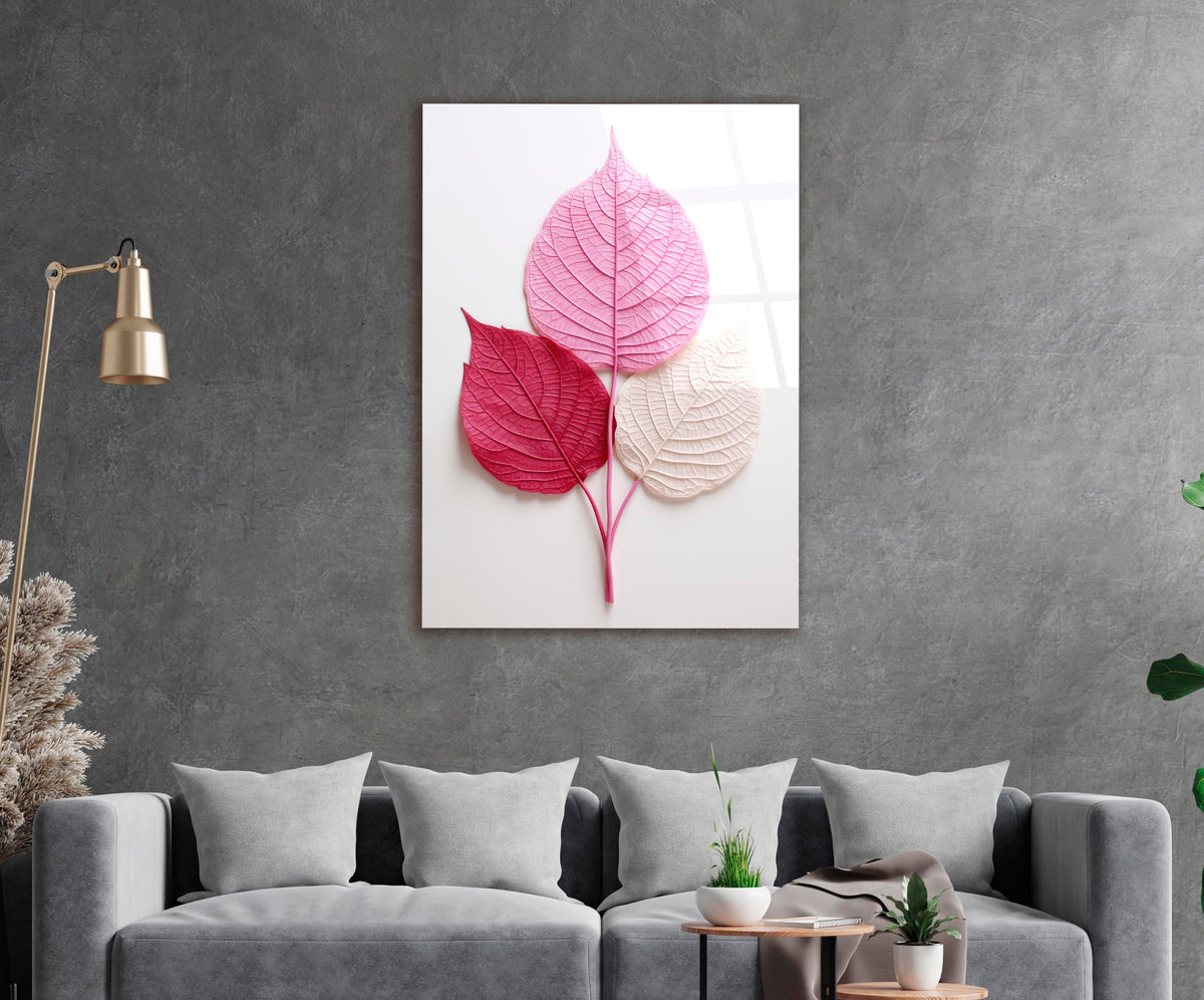 Pink Leaves Botanical Glass Wall Art in a living room interior