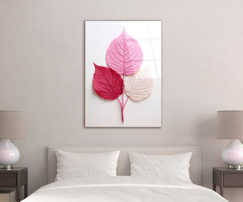 Pink Leaves Botanical Glass Wall Art in a modern interior