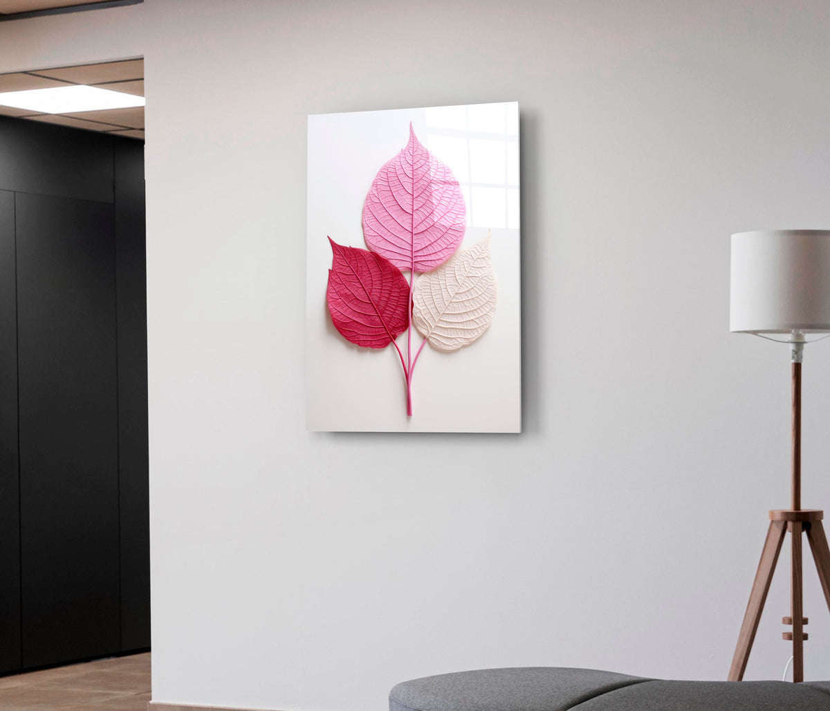Pink Leaves Botanical Glass Wall Art on the wall