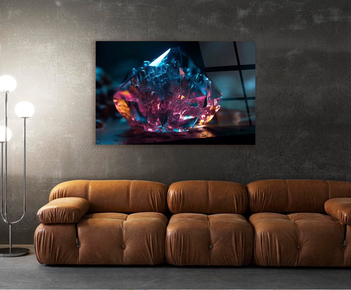 Pink and Blue Crystal Gem Glass Wall Art in a living room interior
