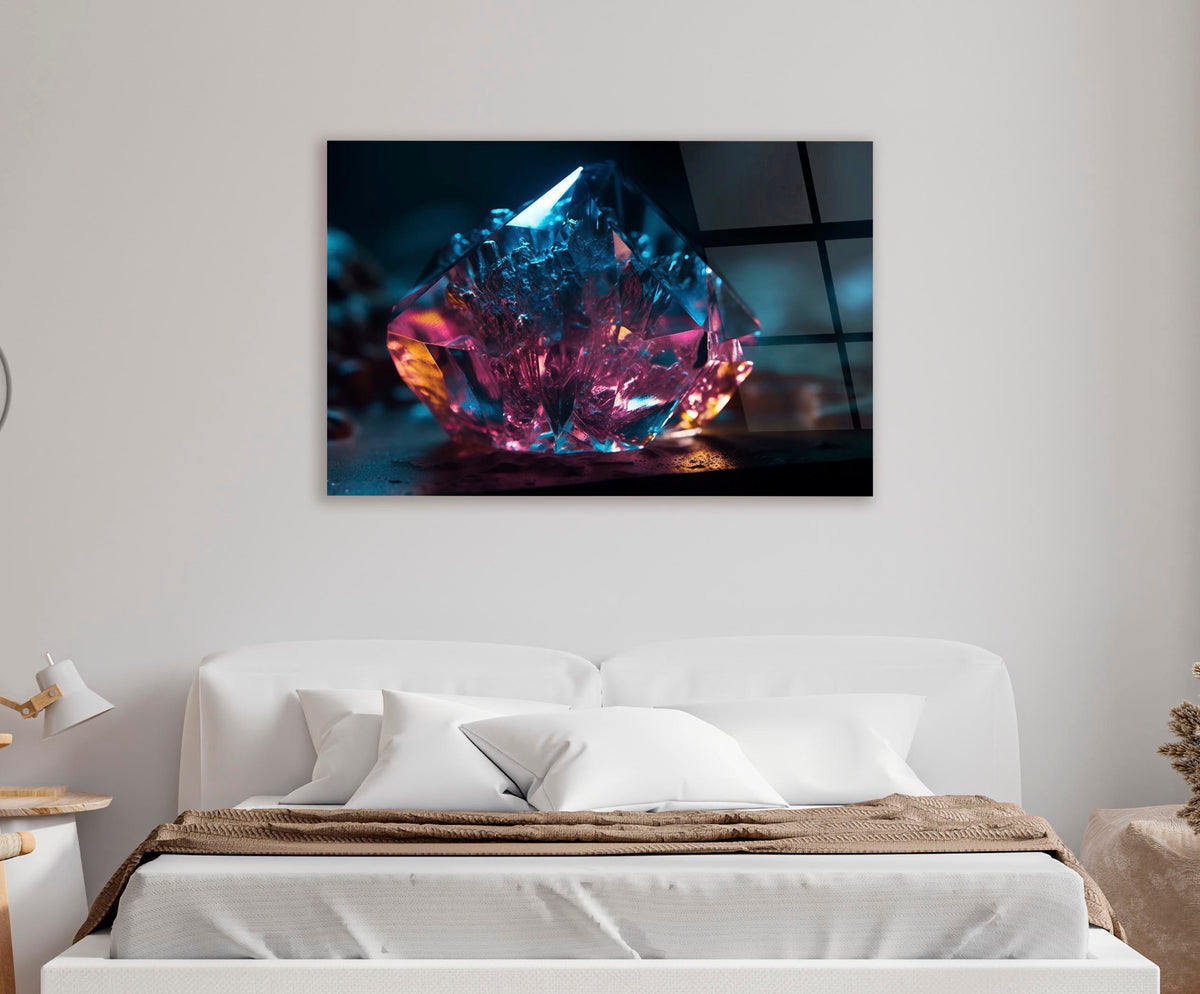 Pink and Blue Crystal Gem Glass Wall Art in a modern interior