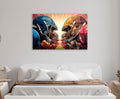 Football Helmets Face-Off Glass Wall Art in a living room interior