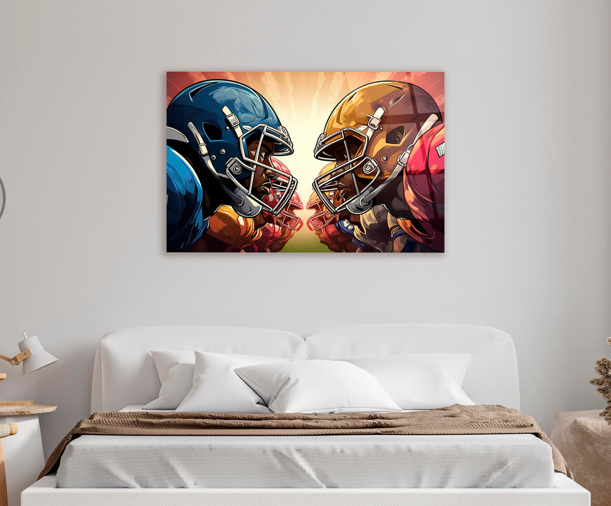 Football Helmets Face-Off Glass Wall Art in a living room interior