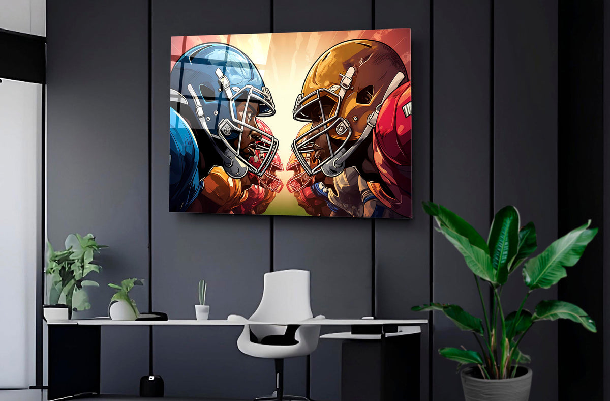 Football Helmets Face-Off Glass Wall Art in a modern interior