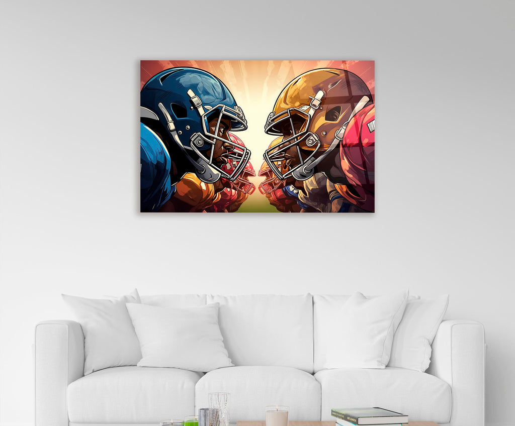 Football Helmets Face-Off Glass Wall Art on the wall