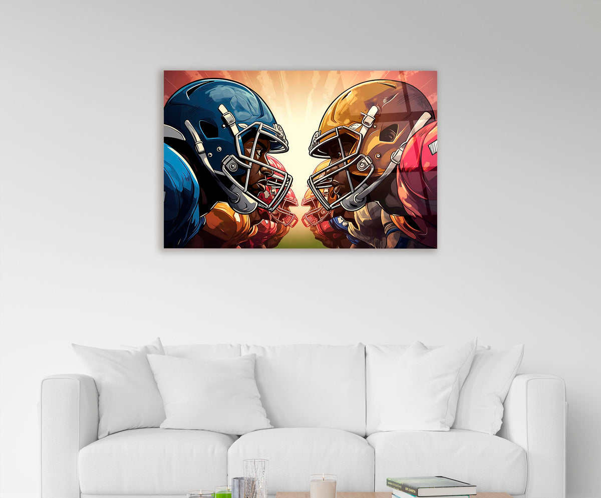Football Helmets Face-Off Glass Wall Art on the wall