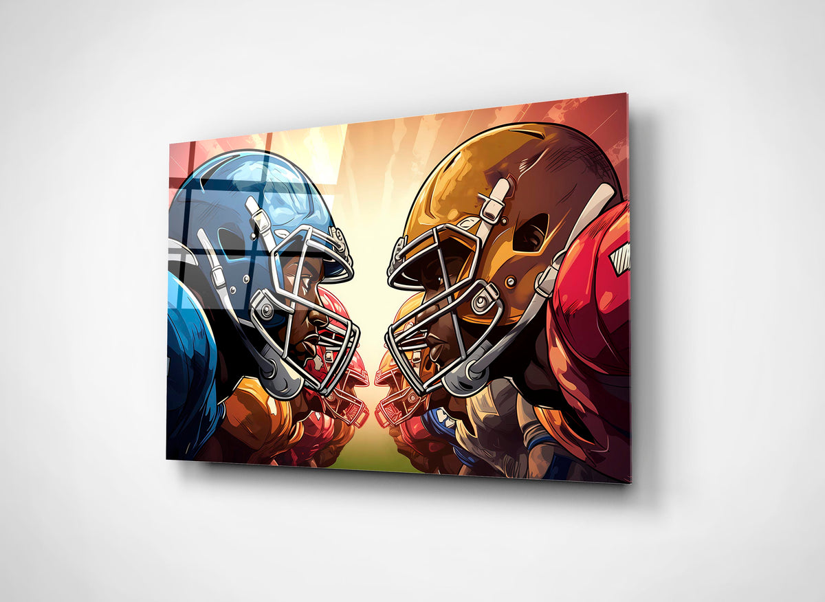 Football Helmets Face-Off Glass Wall Art close-up