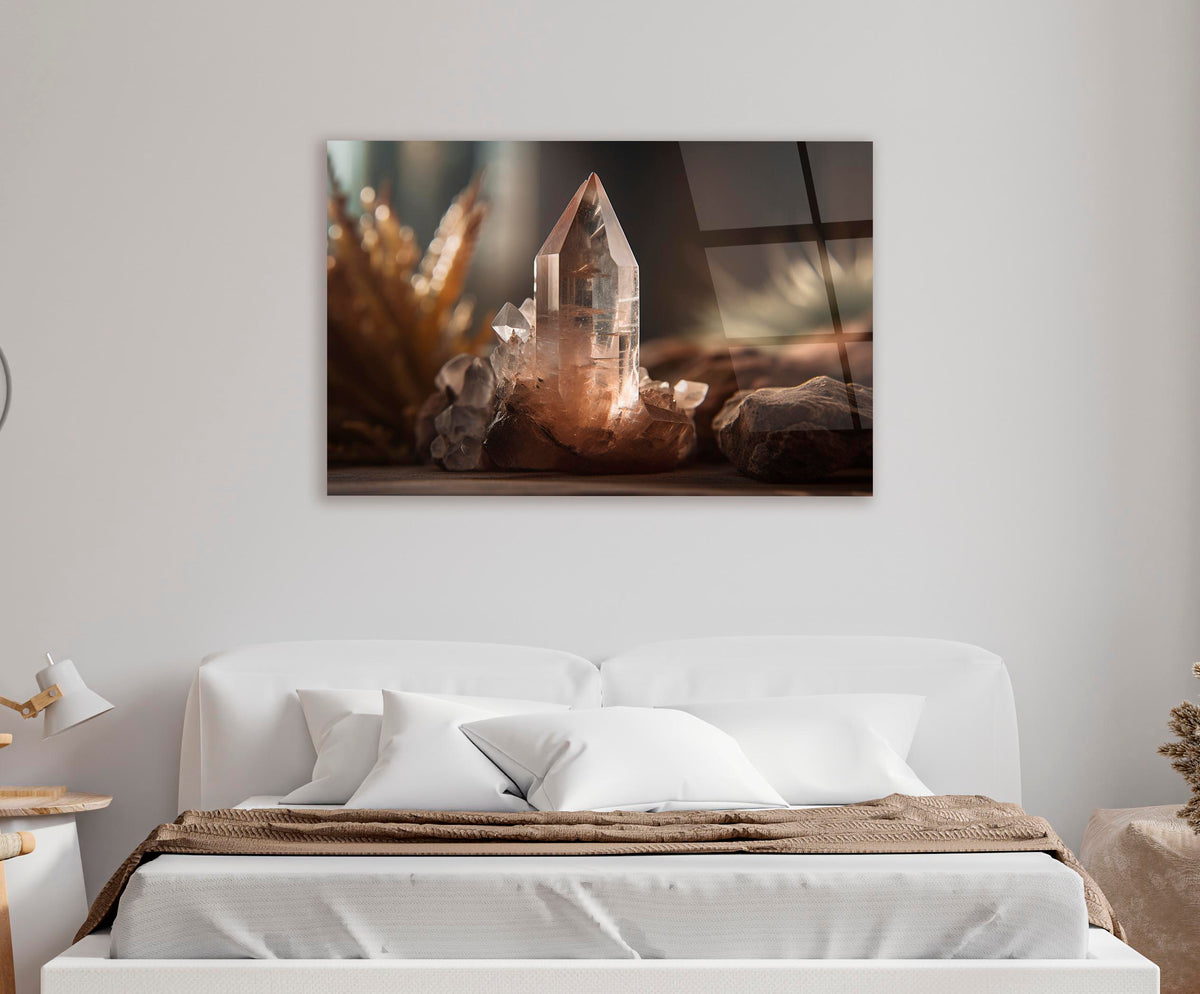 Quartz Crystal Cluster Glass Wall Art in a modern interior