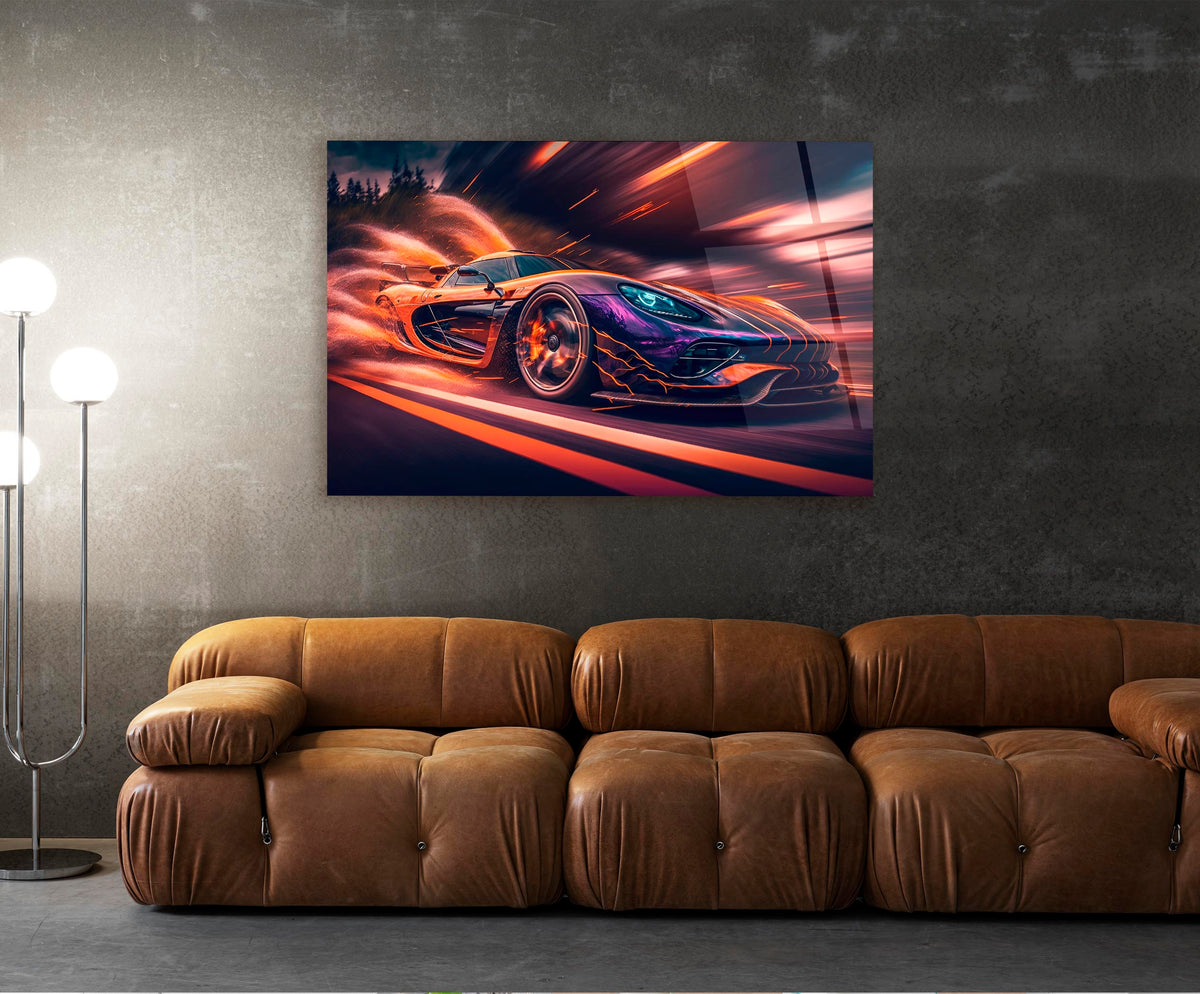 Purple Supercar in Motion Glass Wall Art in a living room interior