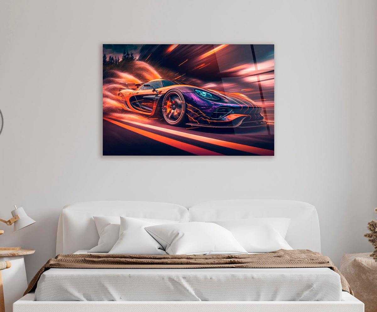 Purple Supercar in Motion Glass Wall Art in a modern interior