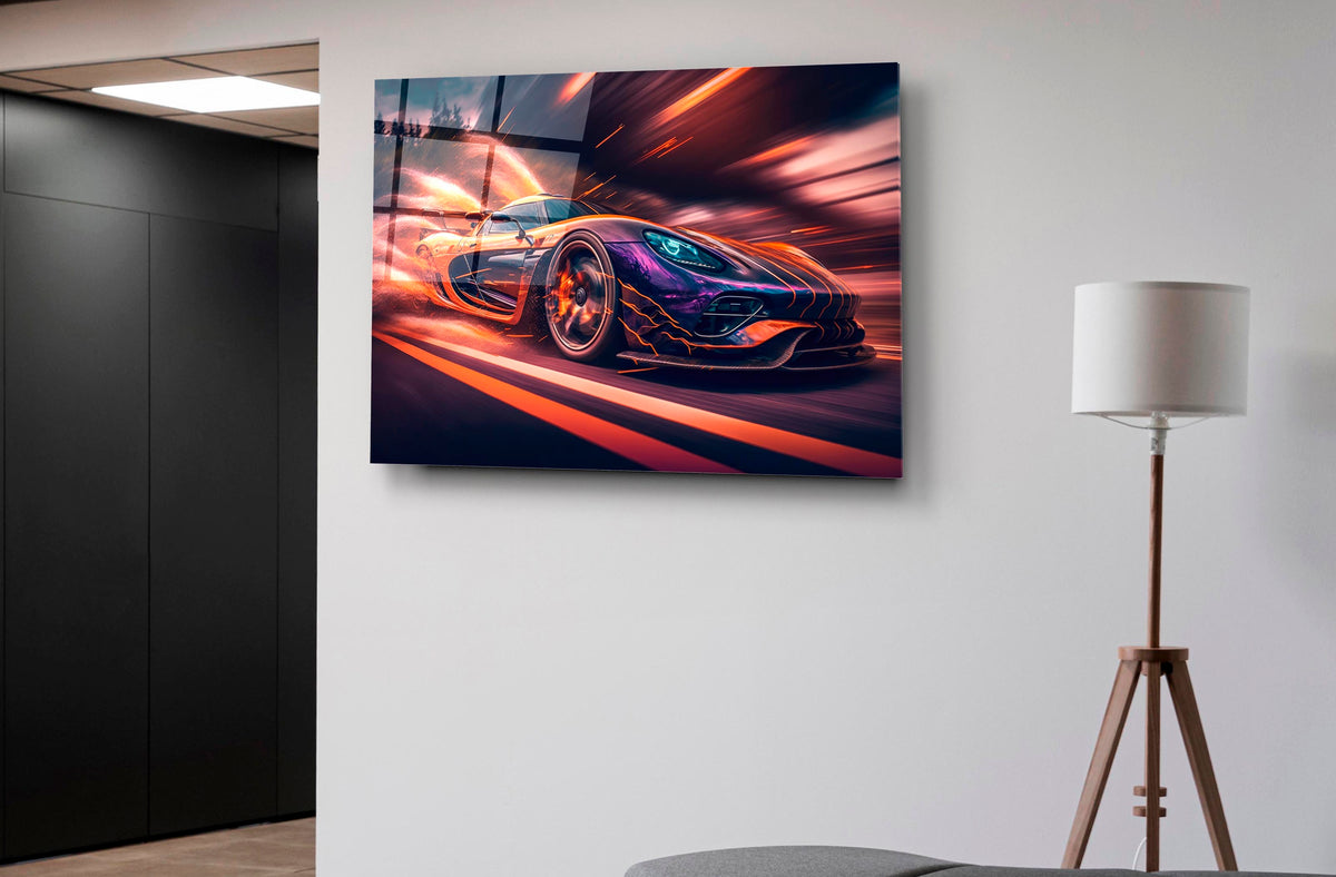 Purple Supercar in Motion Glass Wall Art on the wall
