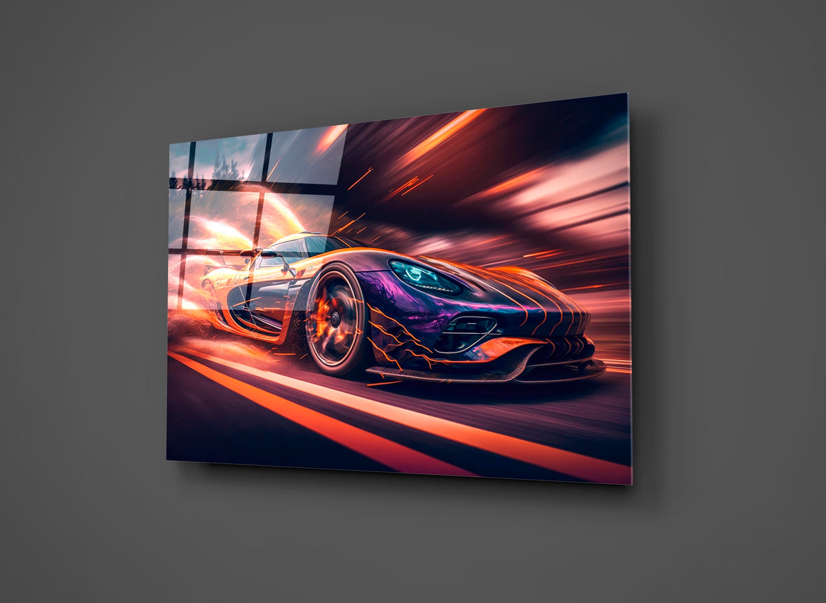 Purple Supercar in Motion Glass Wall Art close-up