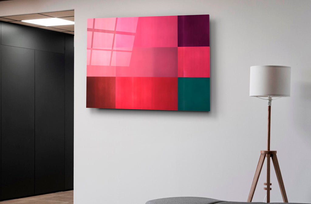 Pink and Crimson Color Block Glass Wall Art in a modern interior