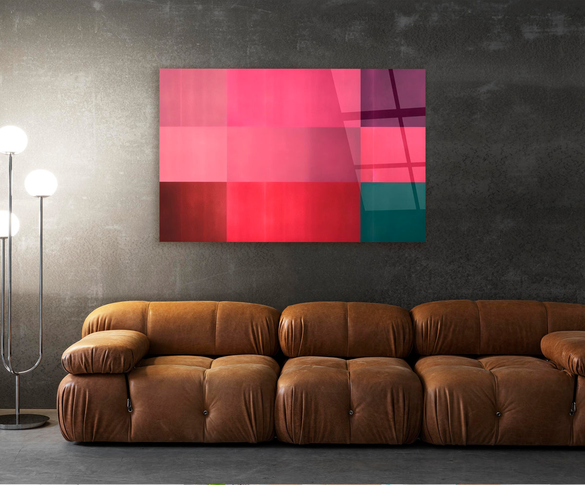 Pink and Crimson Color Block Glass Wall Art on the wall