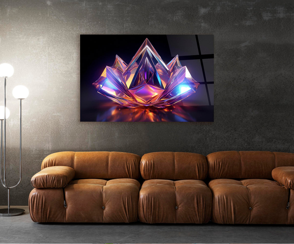 Iridescent Crystal Lotus Glass Wall Art in a living room interior