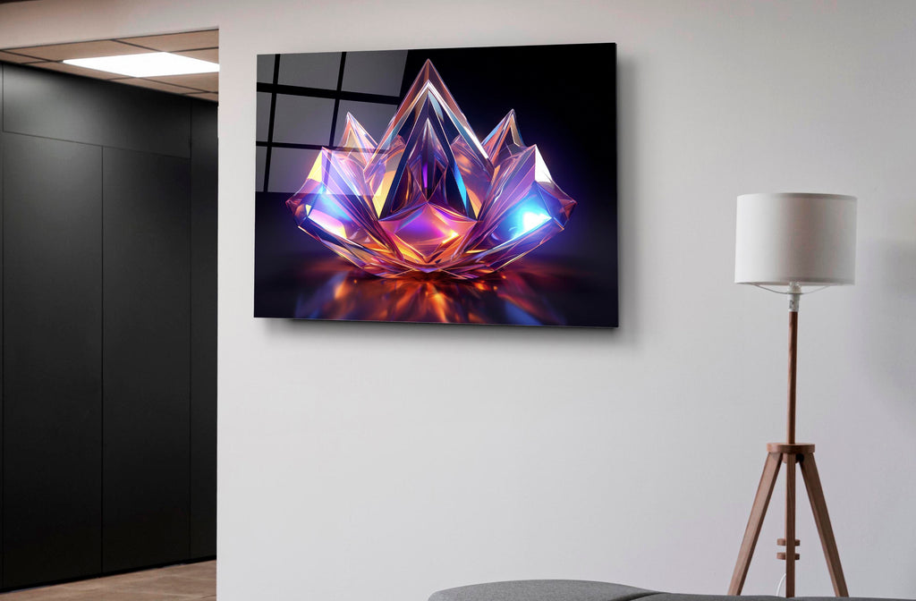 Iridescent Crystal Lotus Glass Wall Art in a modern interior