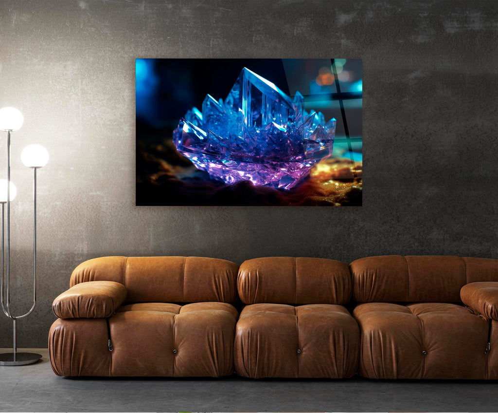 Glowing Blue Crystal Cluster Glass Wall Art in a living room interior