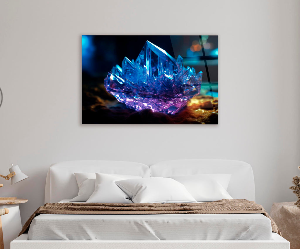 Glowing Blue Crystal Cluster Glass Wall Art in a modern interior