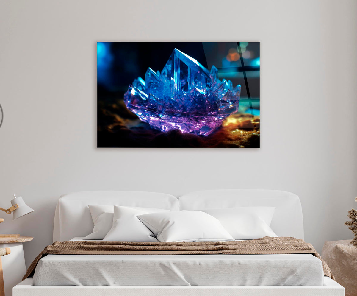 Glowing Blue Crystal Cluster Glass Wall Art in a modern interior