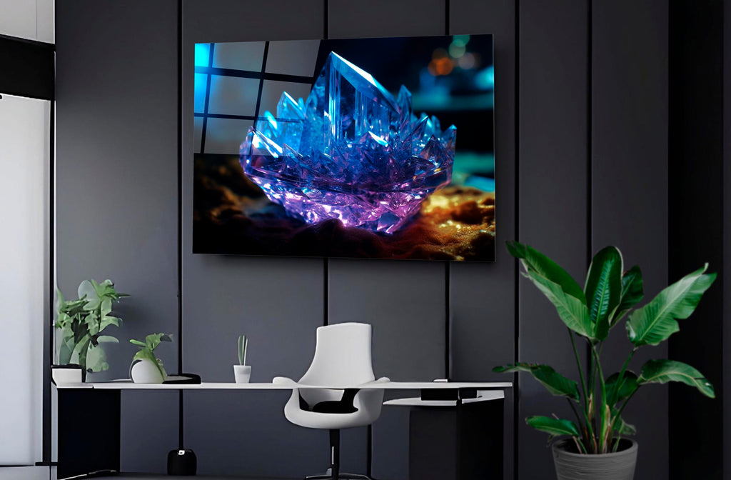 Glowing Blue Crystal Cluster Glass Wall Art on the wall