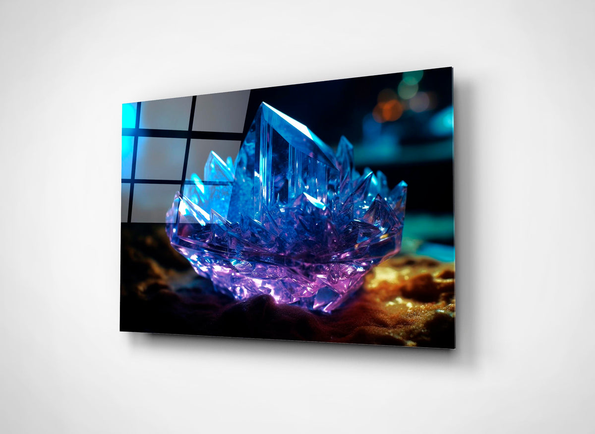 Glowing Blue Crystal Cluster Glass Wall Art close-up