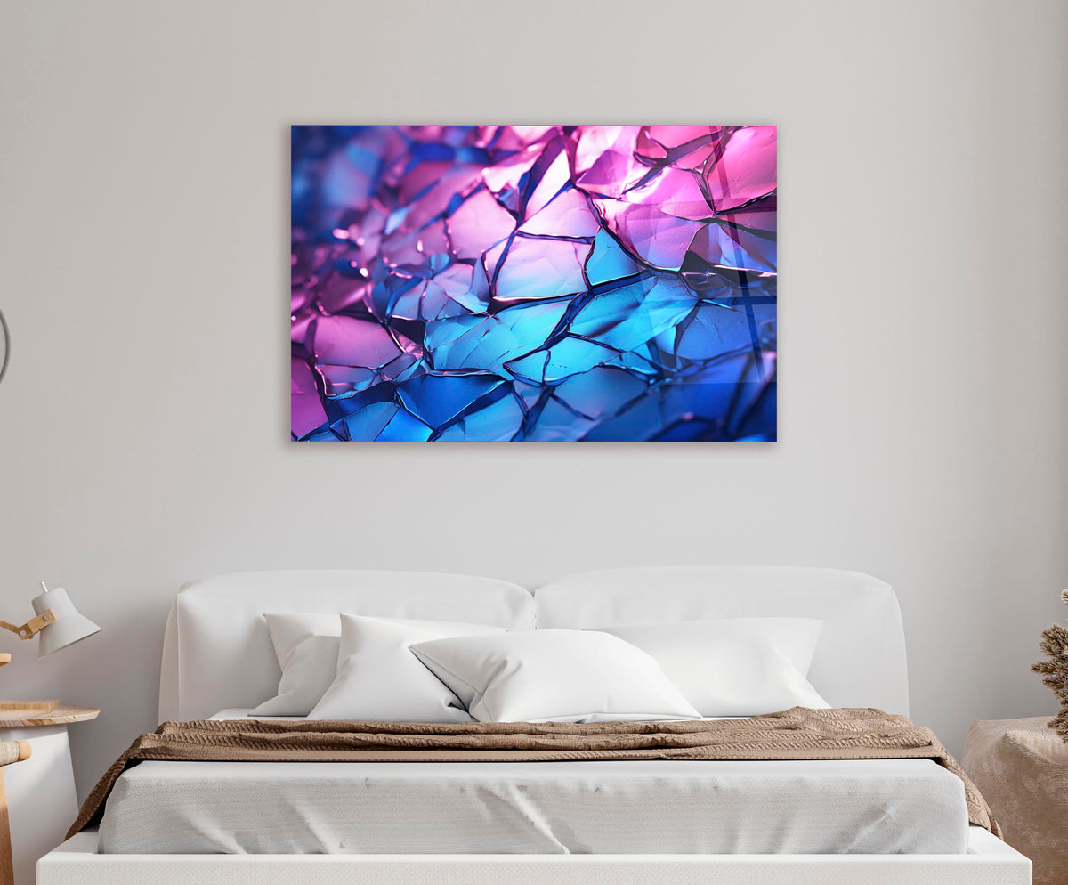 Pink and Blue Cracked Mosaic Abstract Glass Wall Art in a modern interior