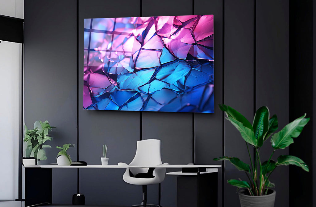 Pink and Blue Cracked Mosaic Abstract Glass Wall Art on the wall