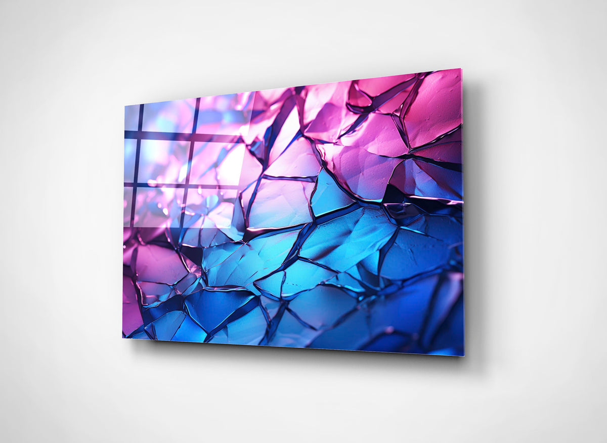 Pink and Blue Cracked Mosaic Abstract Glass Wall Art close-up