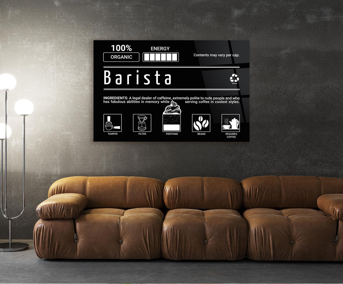 Barista Ingredients Label Glass Wall Art in a living room interior