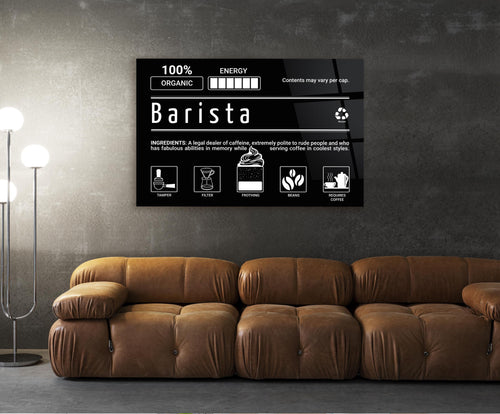 Barista Ingredients Label Glass Wall Art in a living room interior