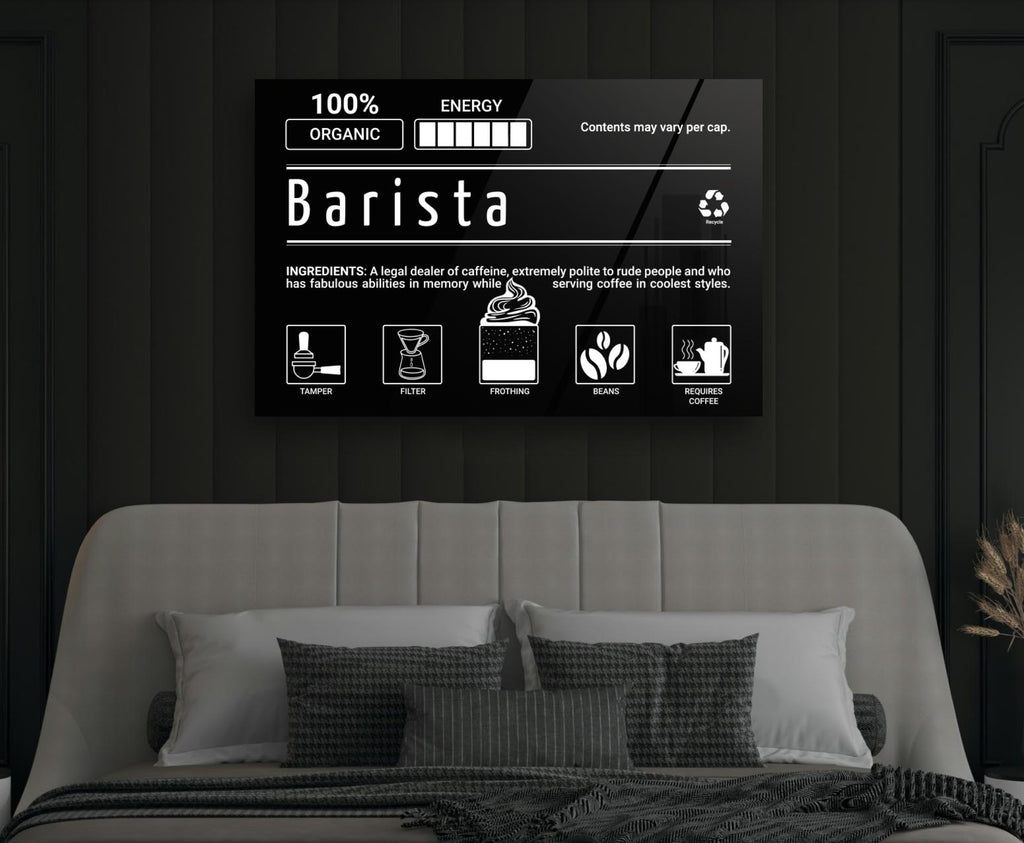 Barista Ingredients Label Glass Wall Art in a modern interior