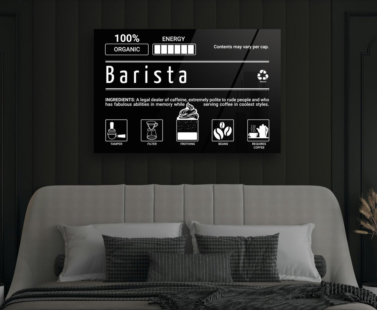 Barista Ingredients Label Glass Wall Art in a modern interior