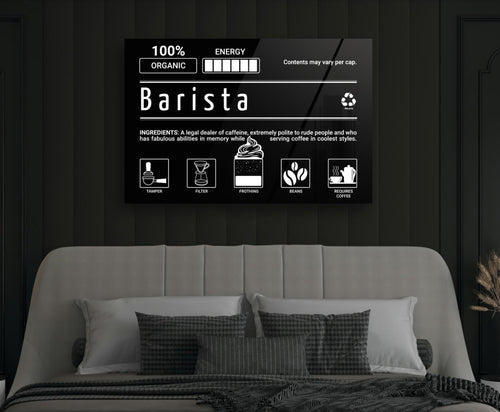 Barista Ingredients Label Glass Wall Art in a modern interior
