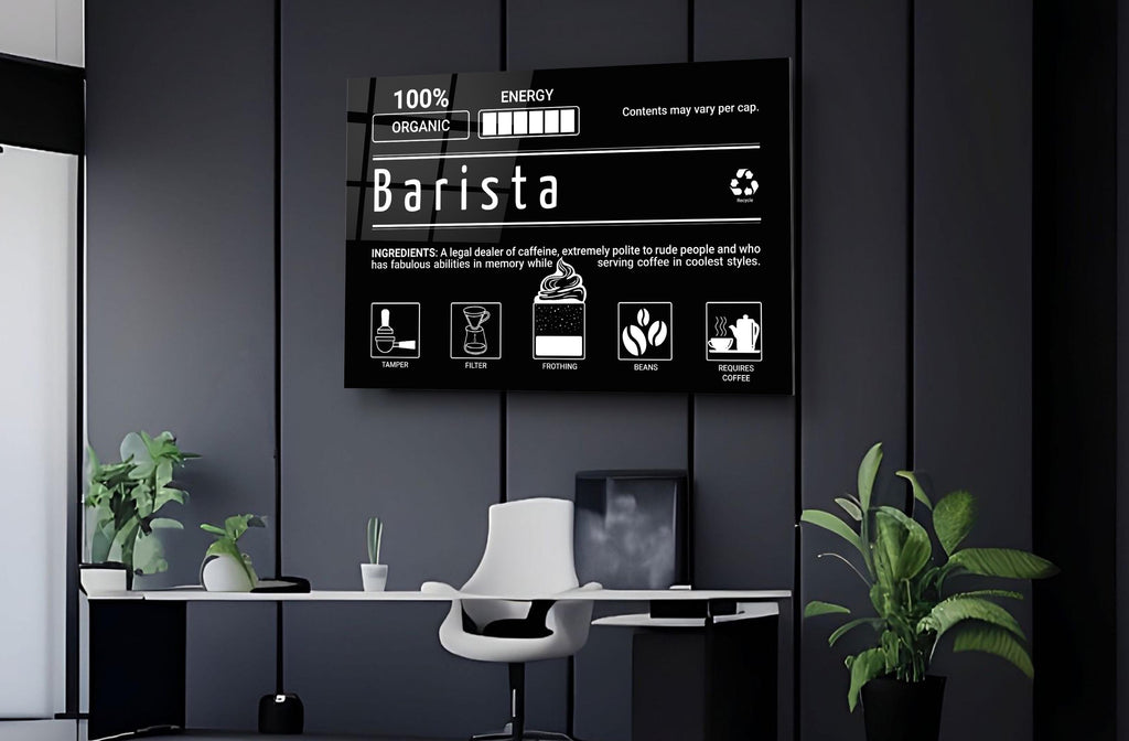 Barista Ingredients Label Glass Wall Art on the wall