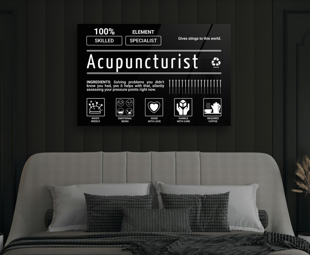 Acupuncturist Ingredients Label Glass Wall Art in a modern interior
