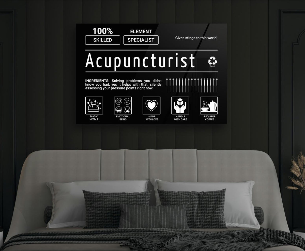 Acupuncturist Ingredients Label Glass Wall Art in a modern interior
