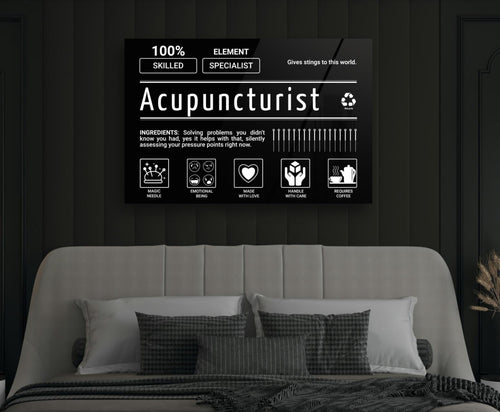 Acupuncturist Ingredients Label Glass Wall Art in a modern interior