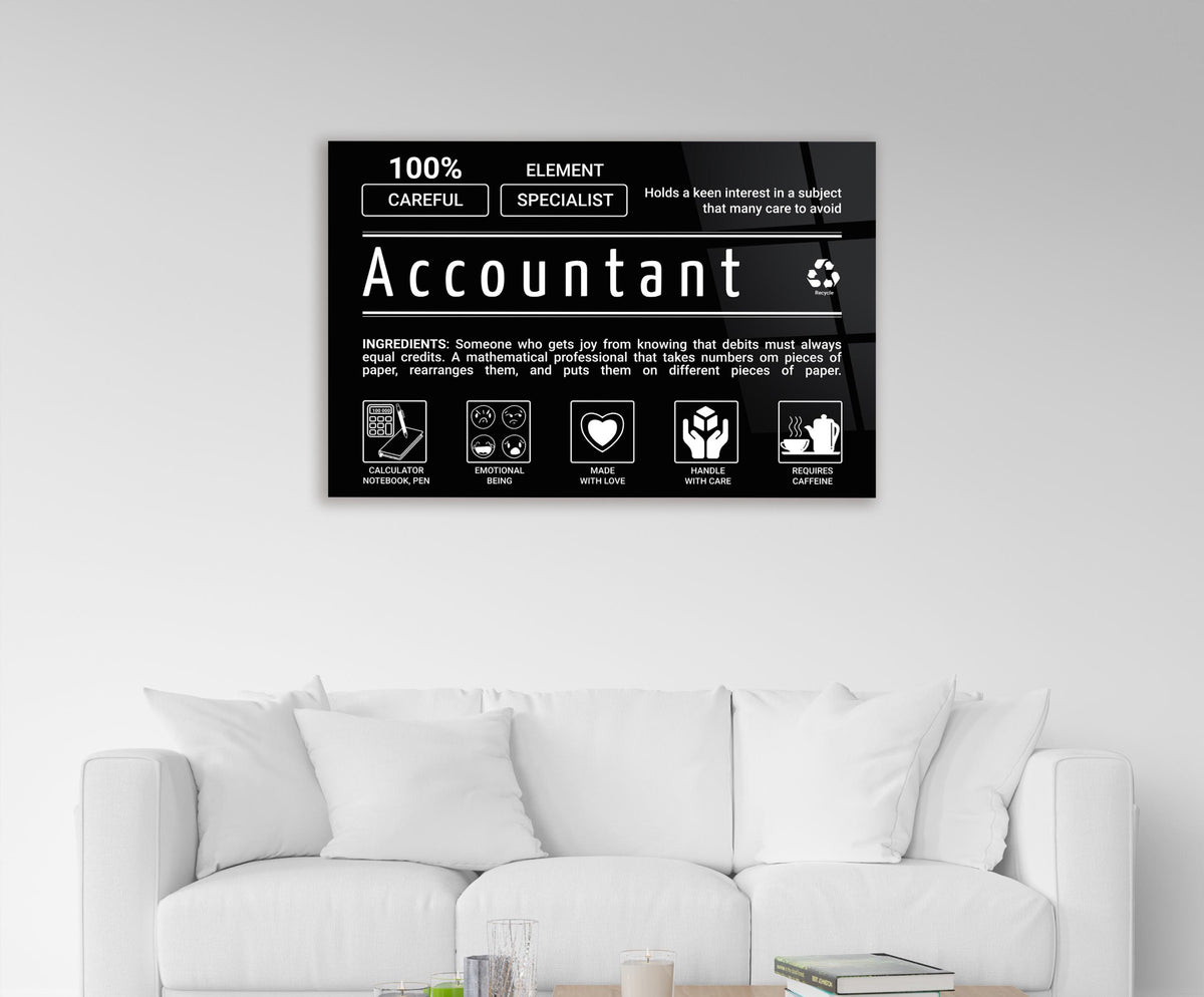 Accountant Ingredients Label Glass Wall Art in a living room interior