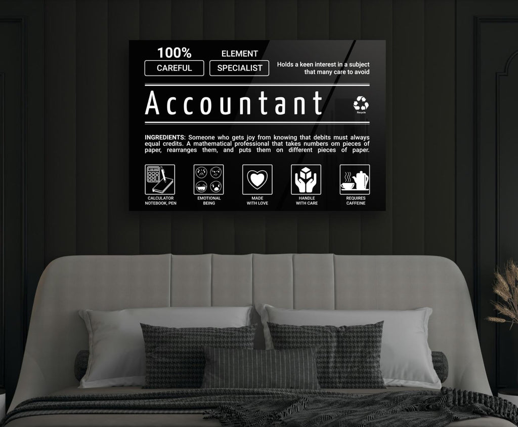 Accountant Ingredients Label Glass Wall Art in a modern interior