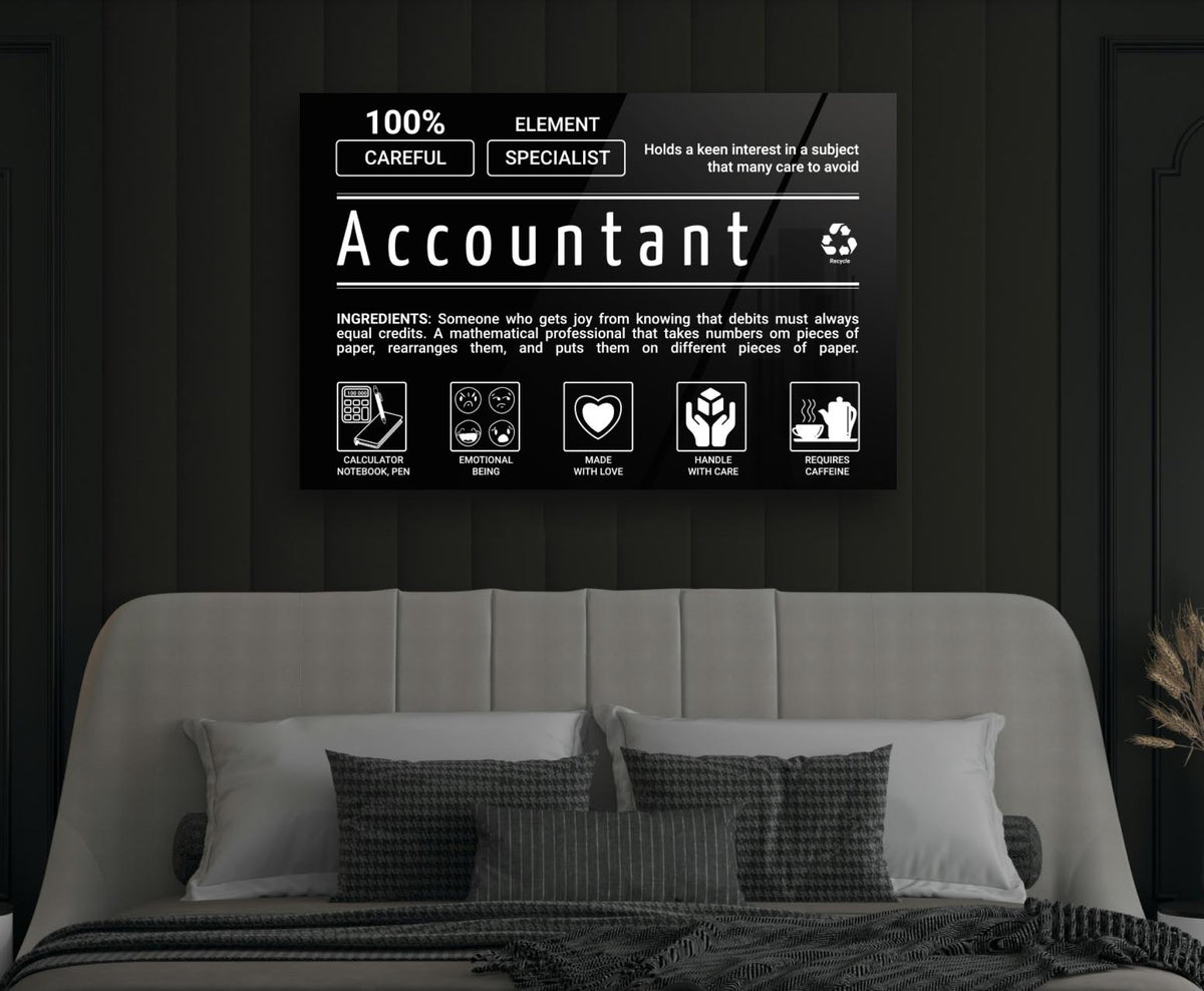 Accountant Ingredients Label Glass Wall Art in a modern interior