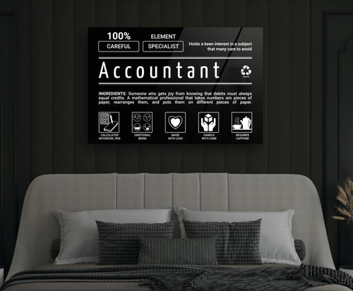 Accountant Ingredients Label Glass Wall Art in a modern interior