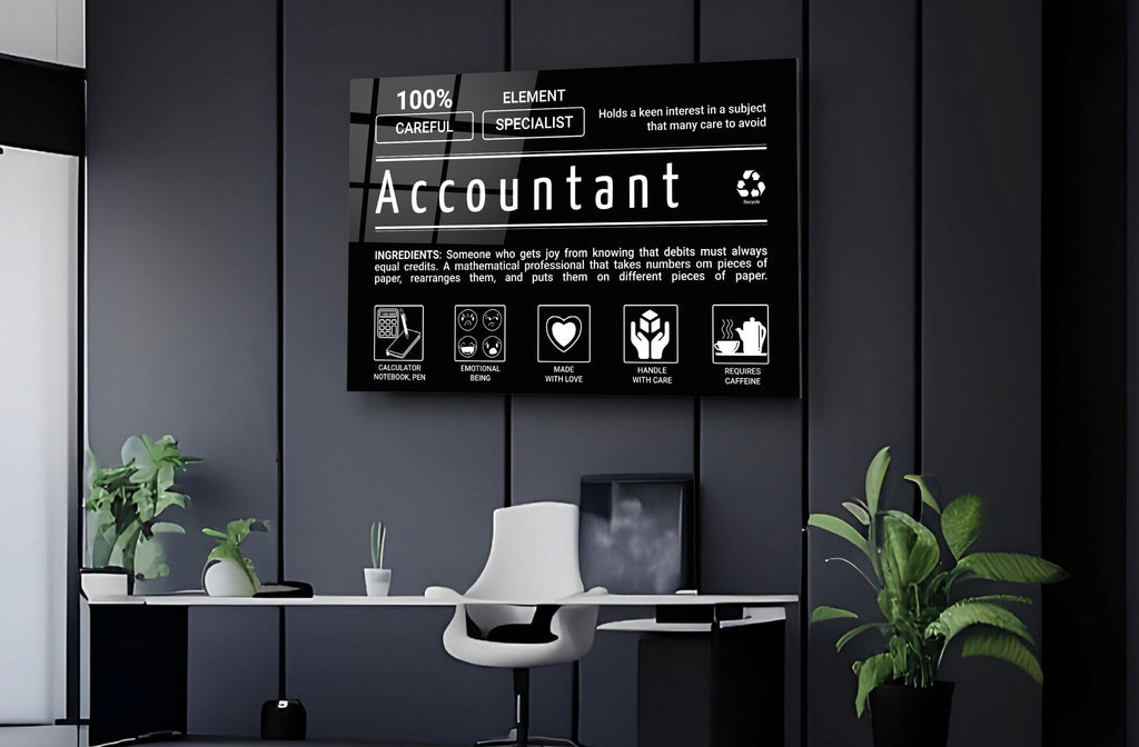 Accountant Ingredients Label Glass Wall Art on the wall