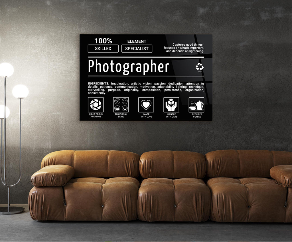 Photographer Ingredients Label Glass Wall Art in a living room interior