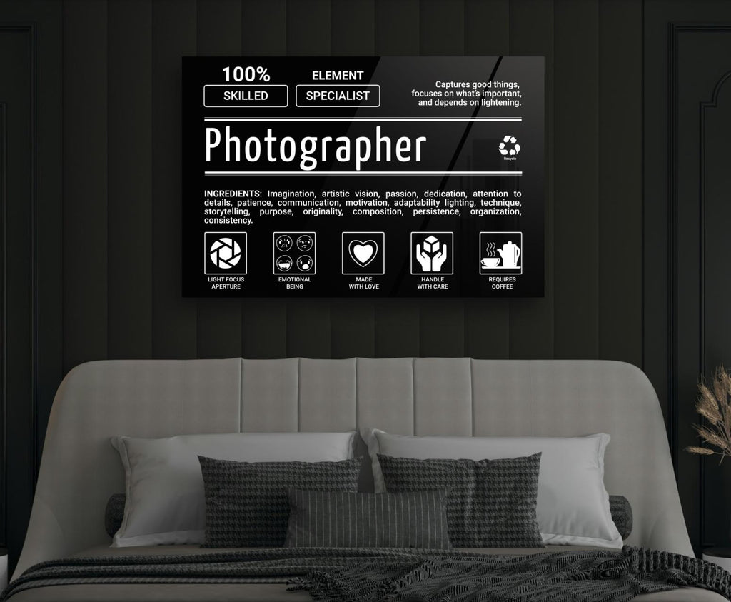 Photographer Ingredients Label Glass Wall Art in a modern interior