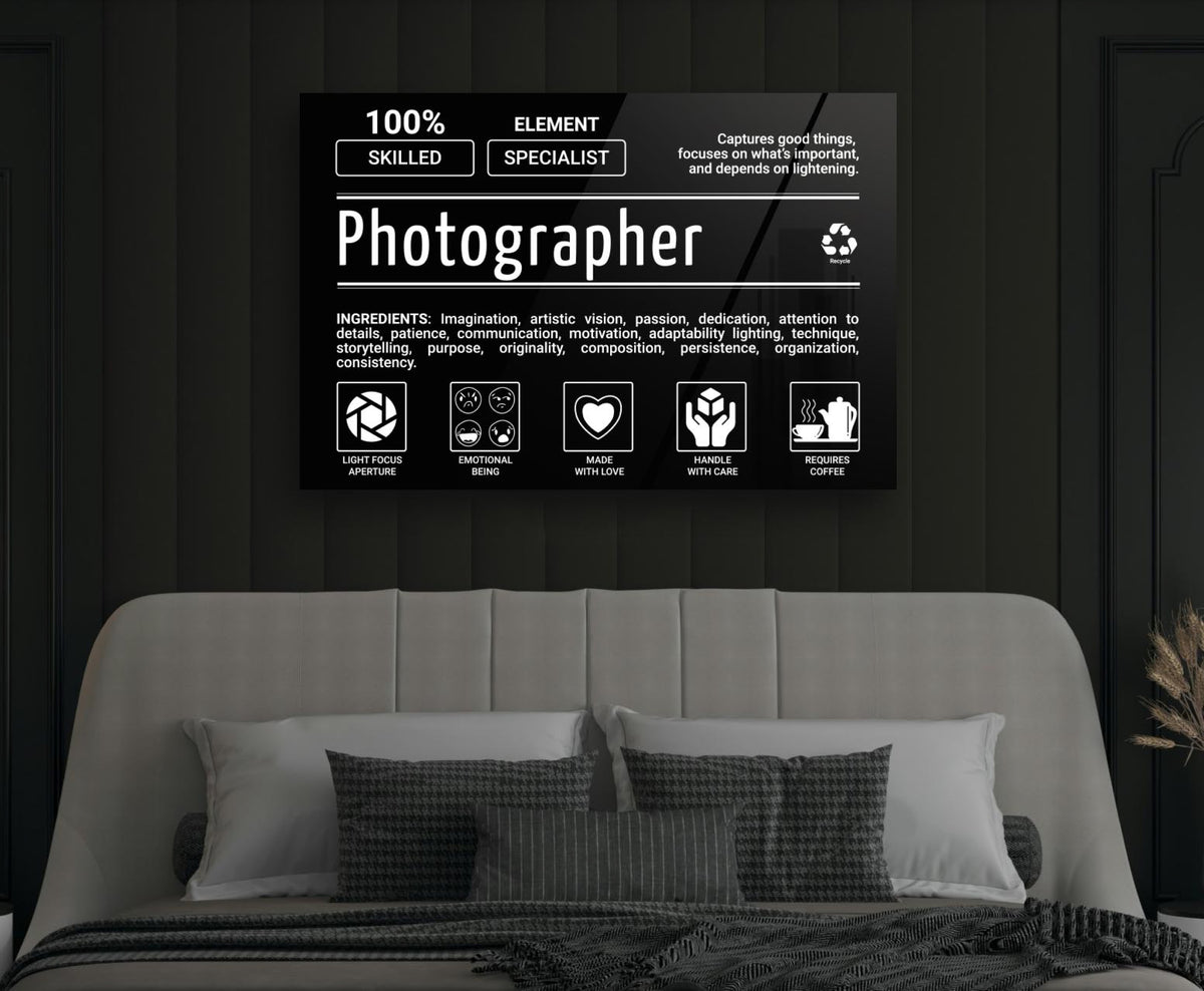 Photographer Ingredients Label Glass Wall Art in a modern interior