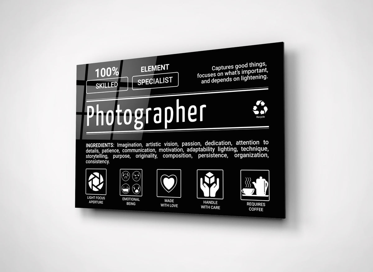Photographer Ingredients Label Glass Wall Art close-up