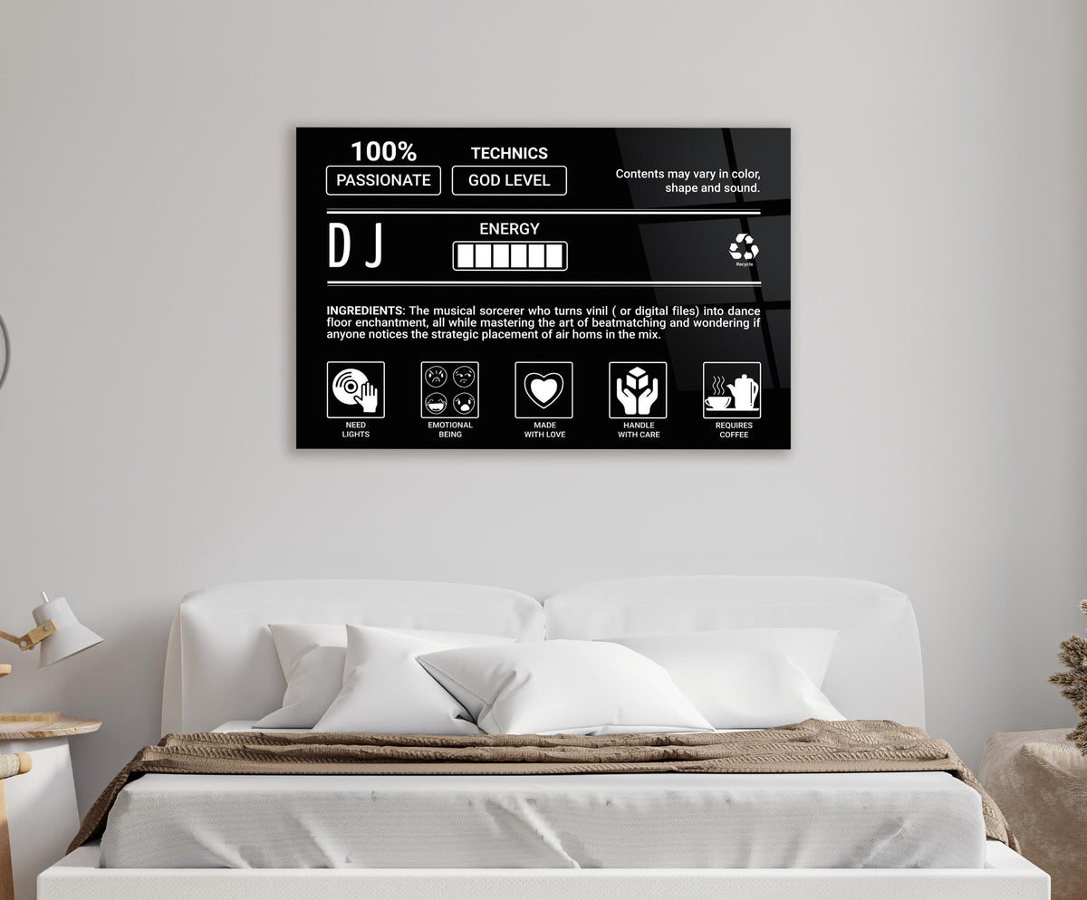 DJ Ingredients Label Glass Wall Art in a living room interior